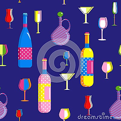 Seamless pattern in Pop Art style with champagne bottles and different types wine glasses. Collection for Home Party.Bar utensils Vector Illustration